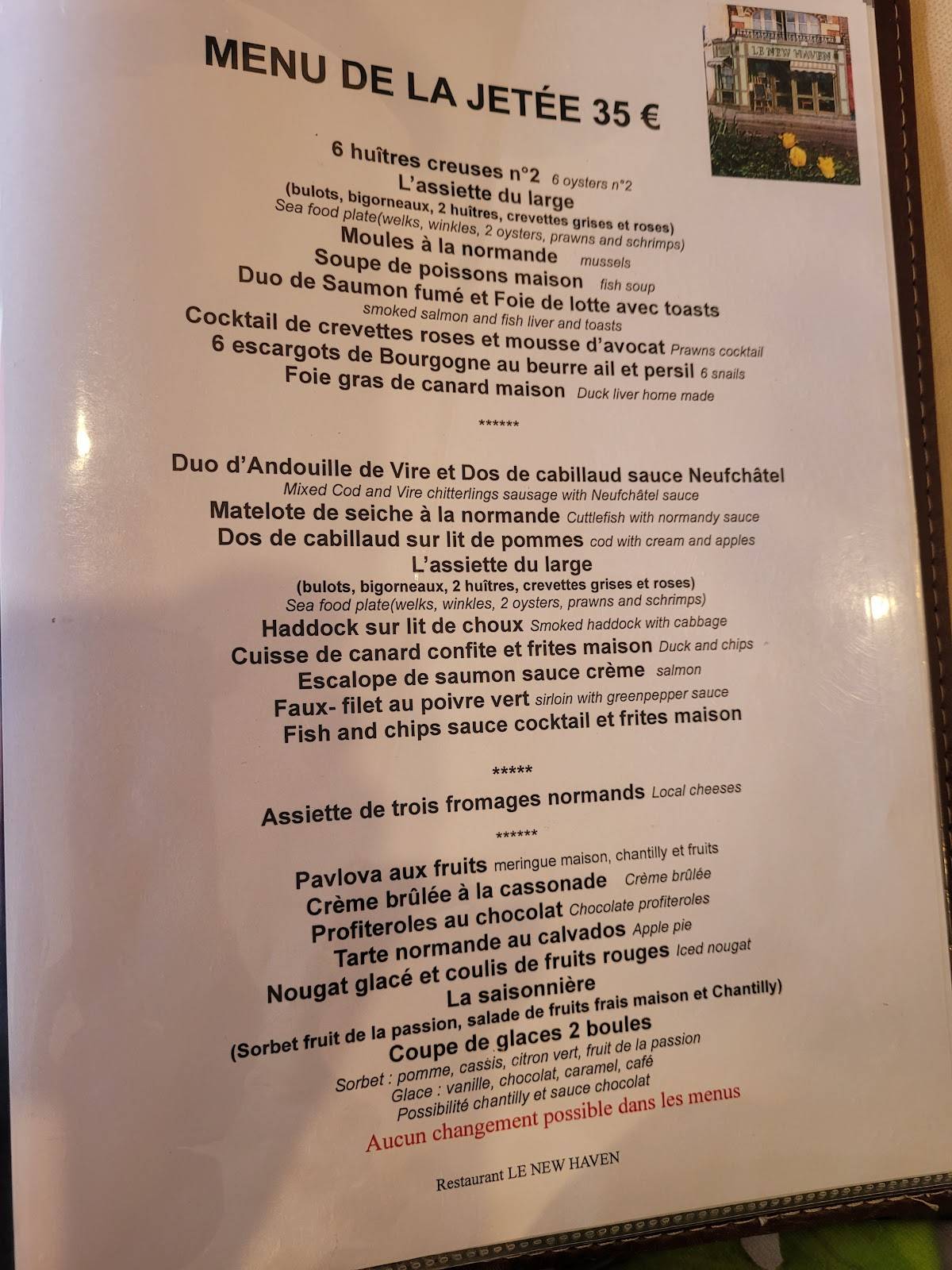 Menu au Le New Haven restaurant, Dieppe