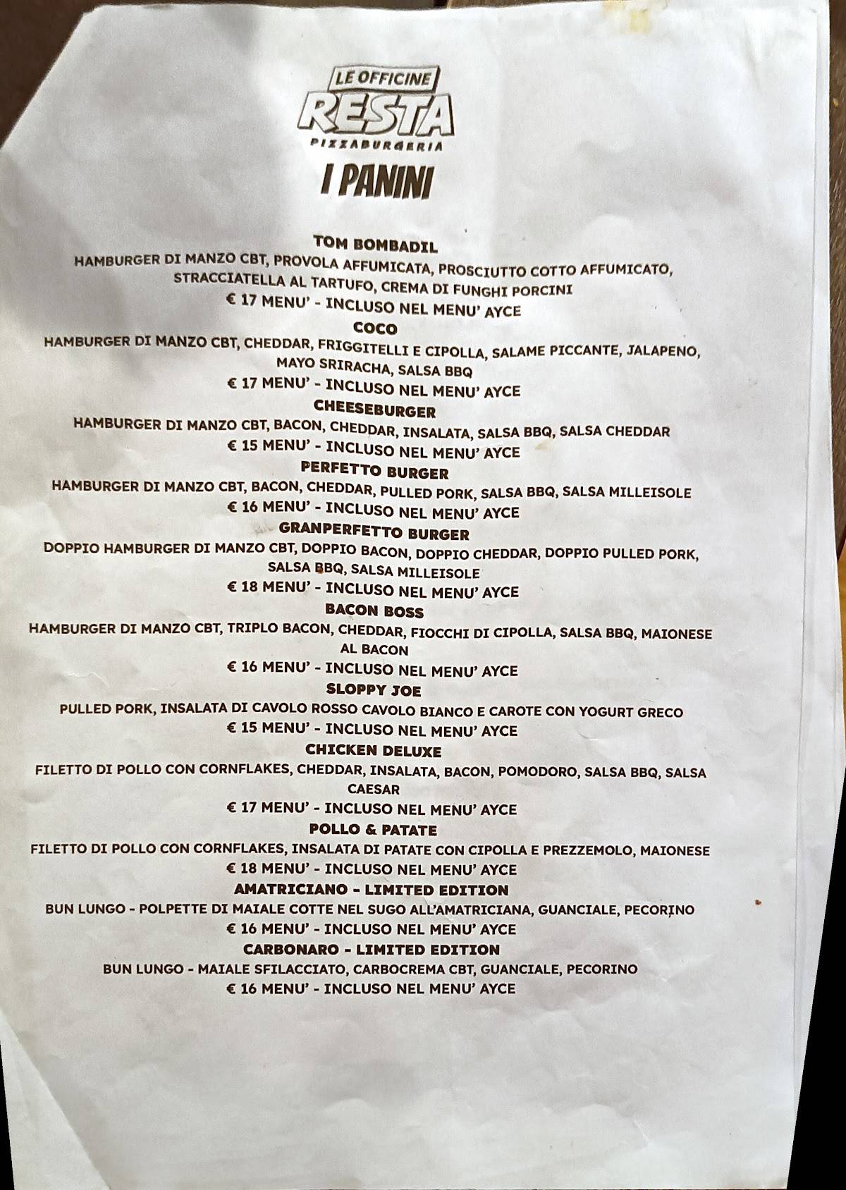 Menu di Le Officine Resta 