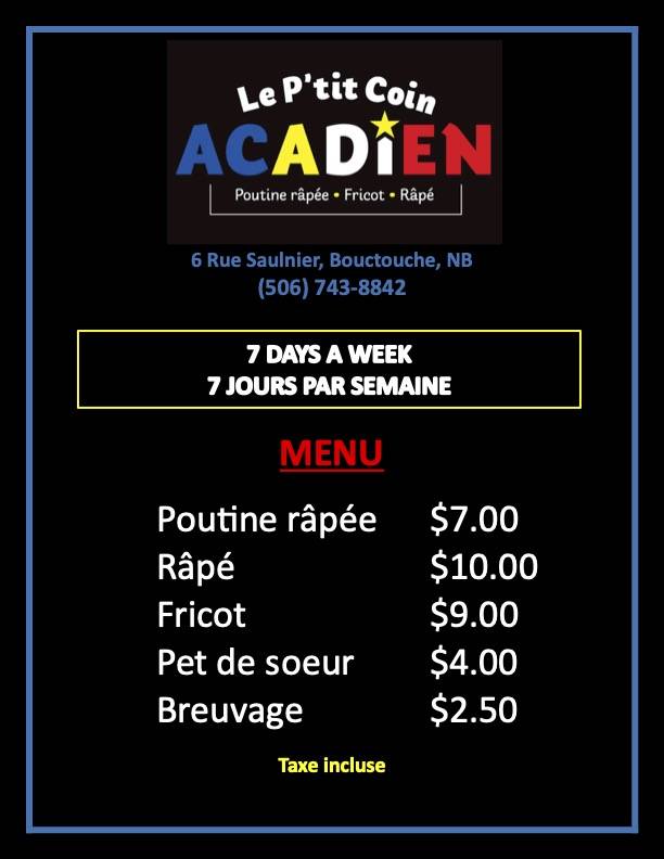 Menu au Le P’tit Coin Acadien Poutine Râpée (Saint-Antoine Poutine ...