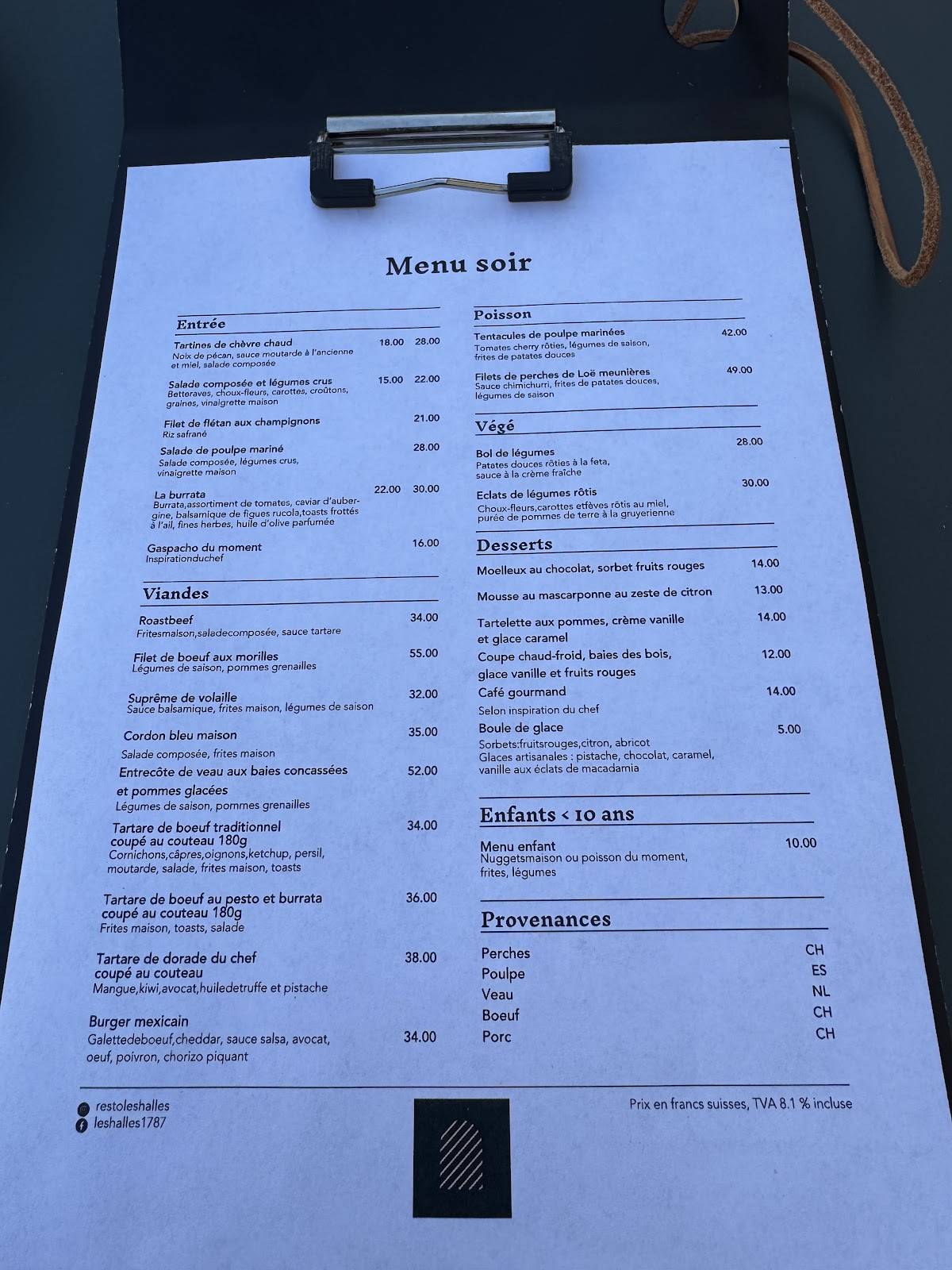 Menu de Les Halles 1787