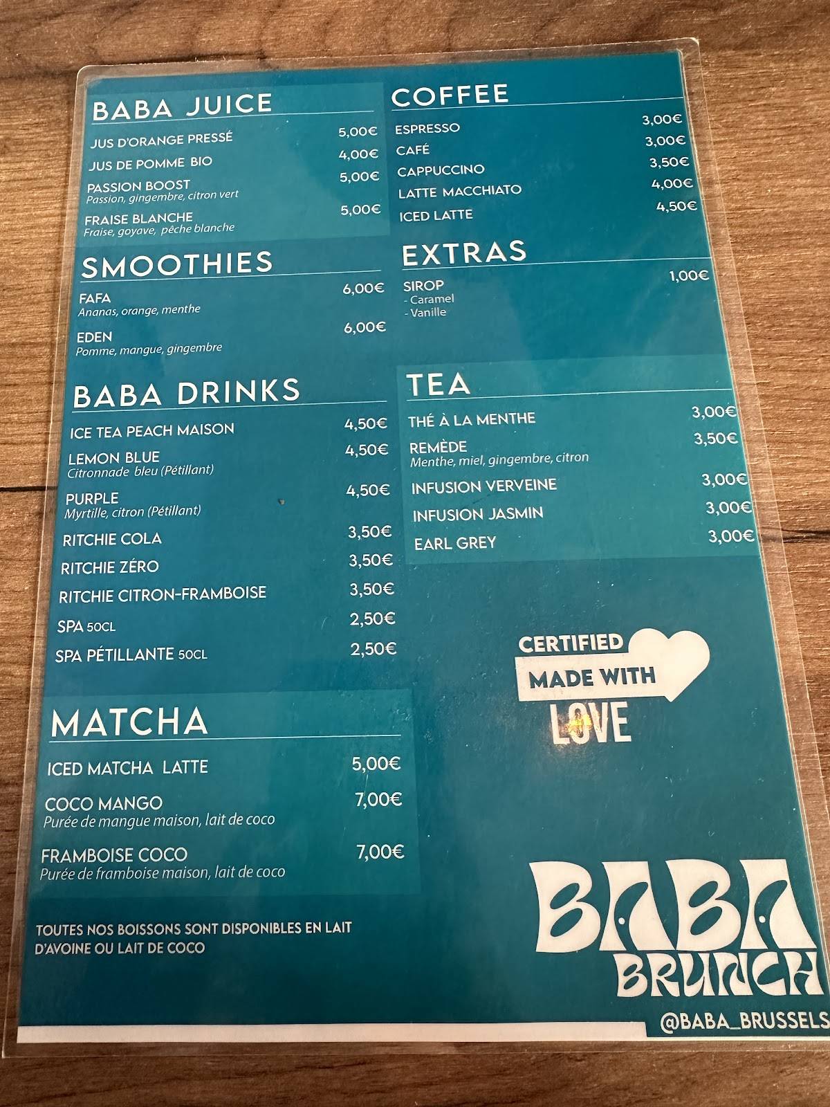 Menu de BABA BRUNCH (L’ESSENTIEL)