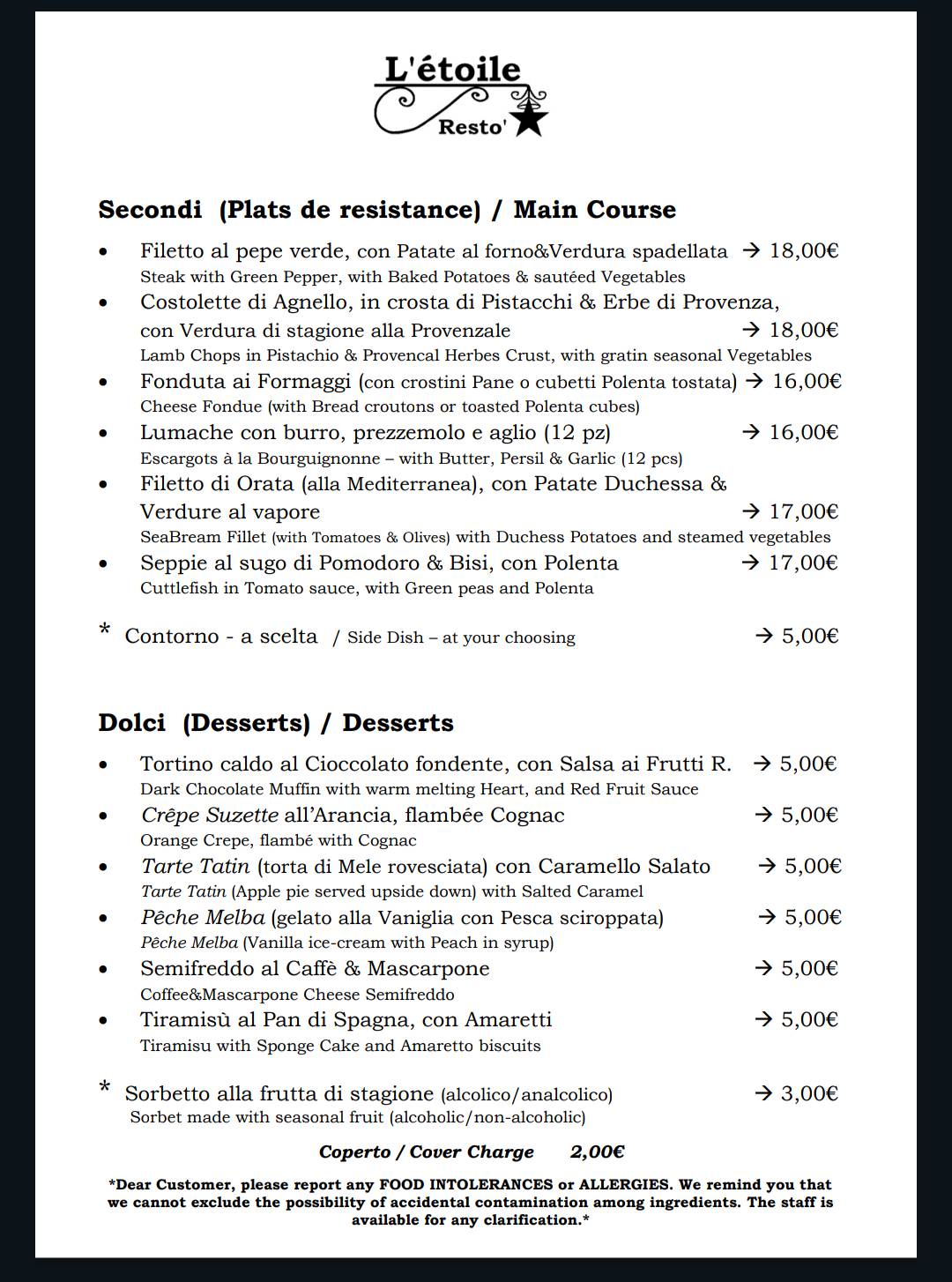 Menu di L'étoile Restò 