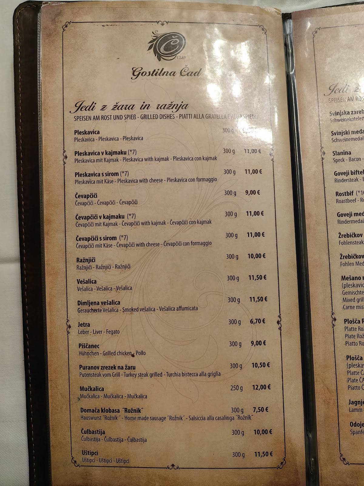 Menu at Čad restaurant, Ljubljana
