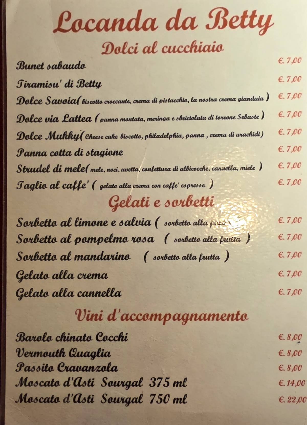 Menu di Locanda da Betty 