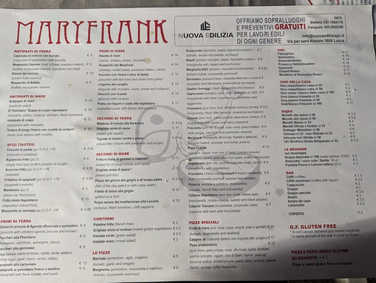 Menu di Ristorante Pizzeria Maryfrank 