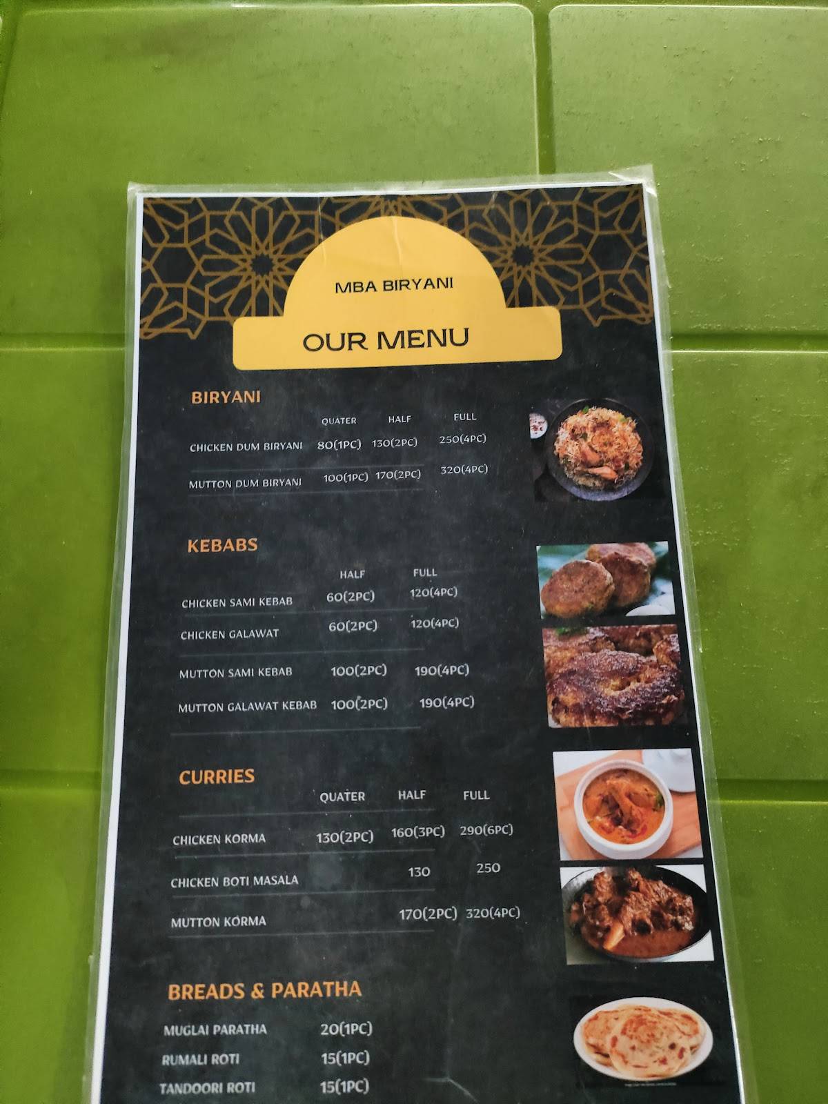 MBA Biryani menu