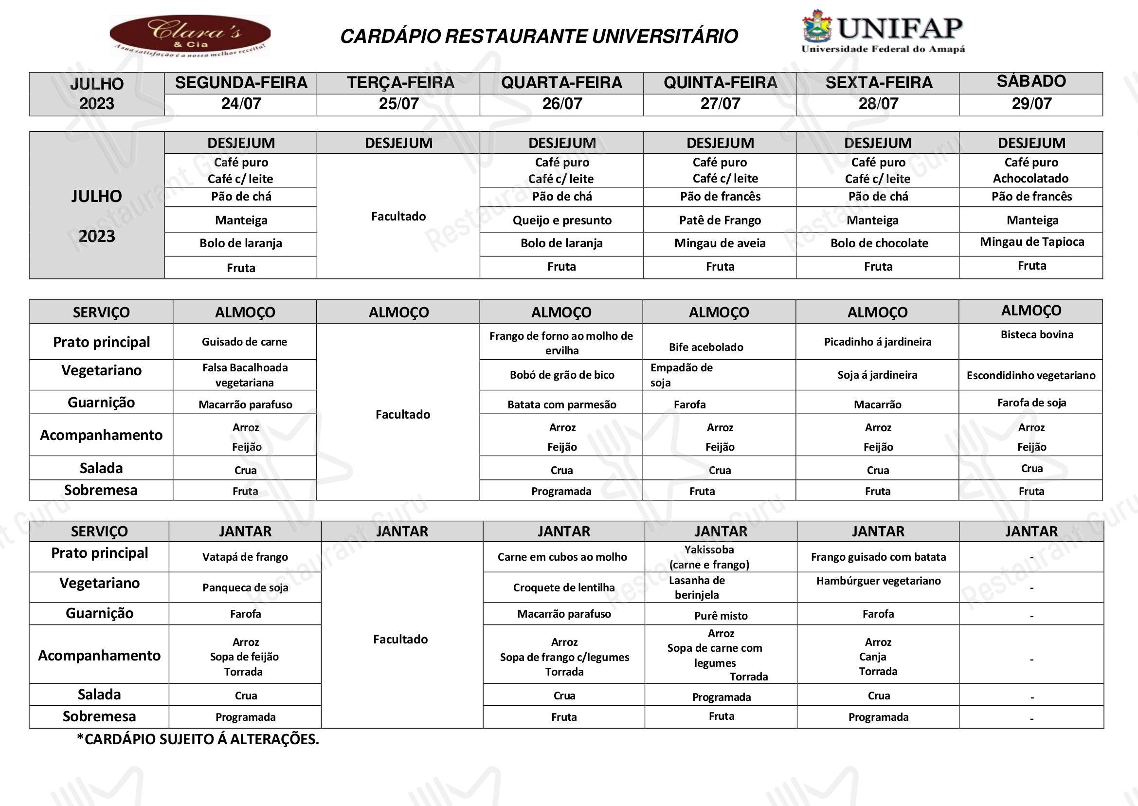 Takeout Menu para Restaurante Universitário - UNIFAP em Macapá