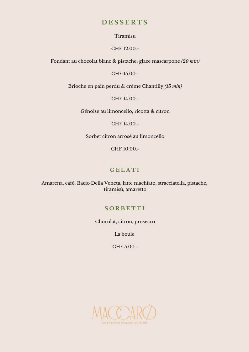 Menu di Restaurant Maccaro Pizzeria à Neuchâtel 