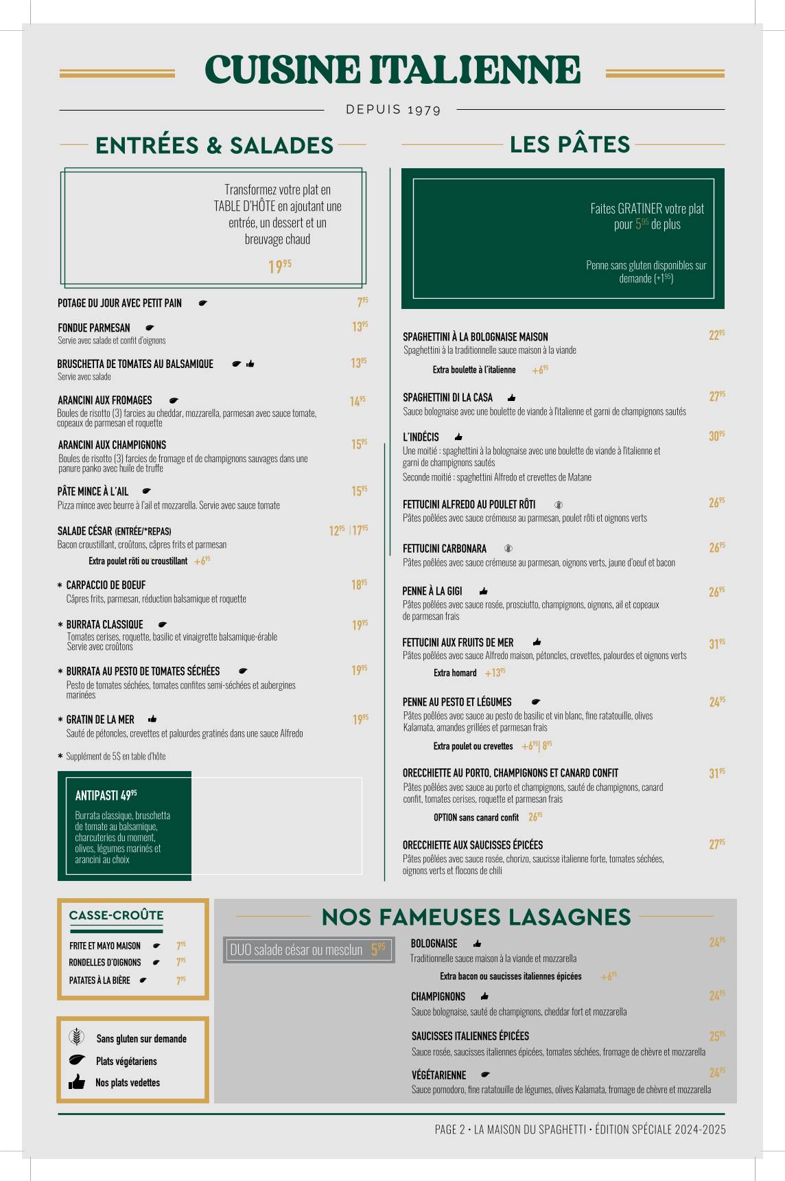 Menu de Maison du Spaghetti Rimouski