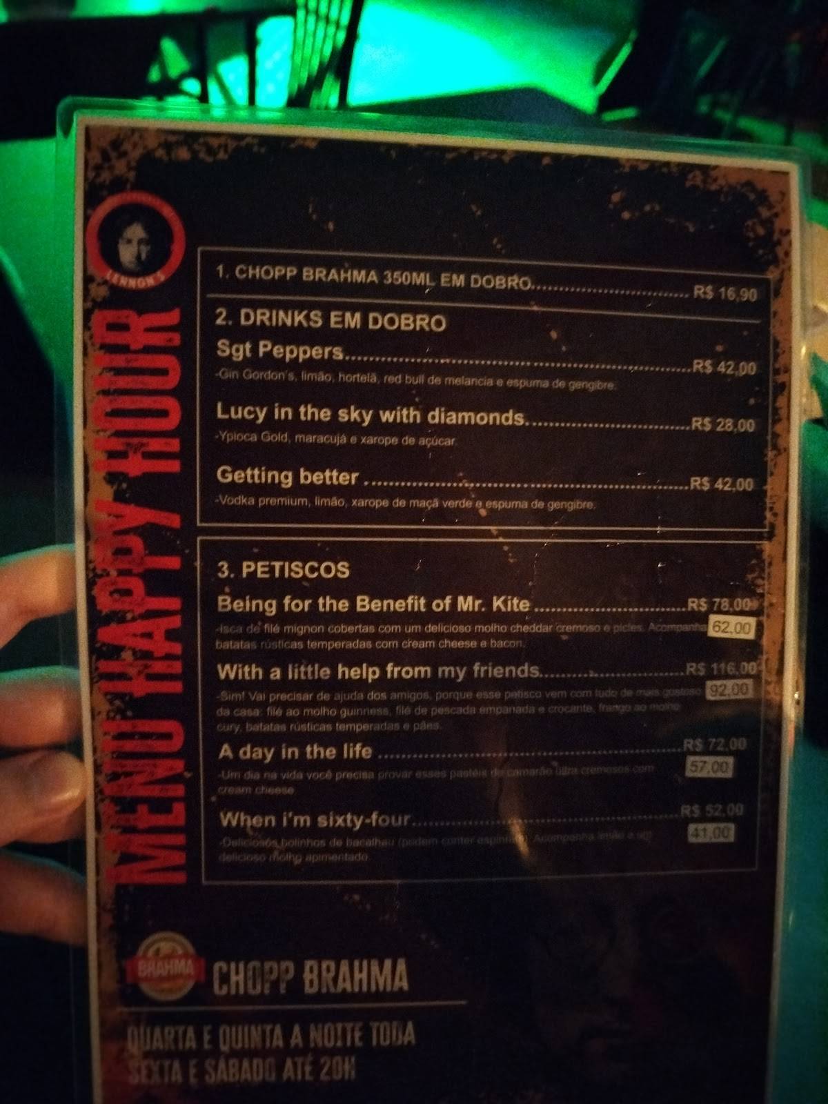 Lennon's Pub, Gastronomia & Rock cardápio