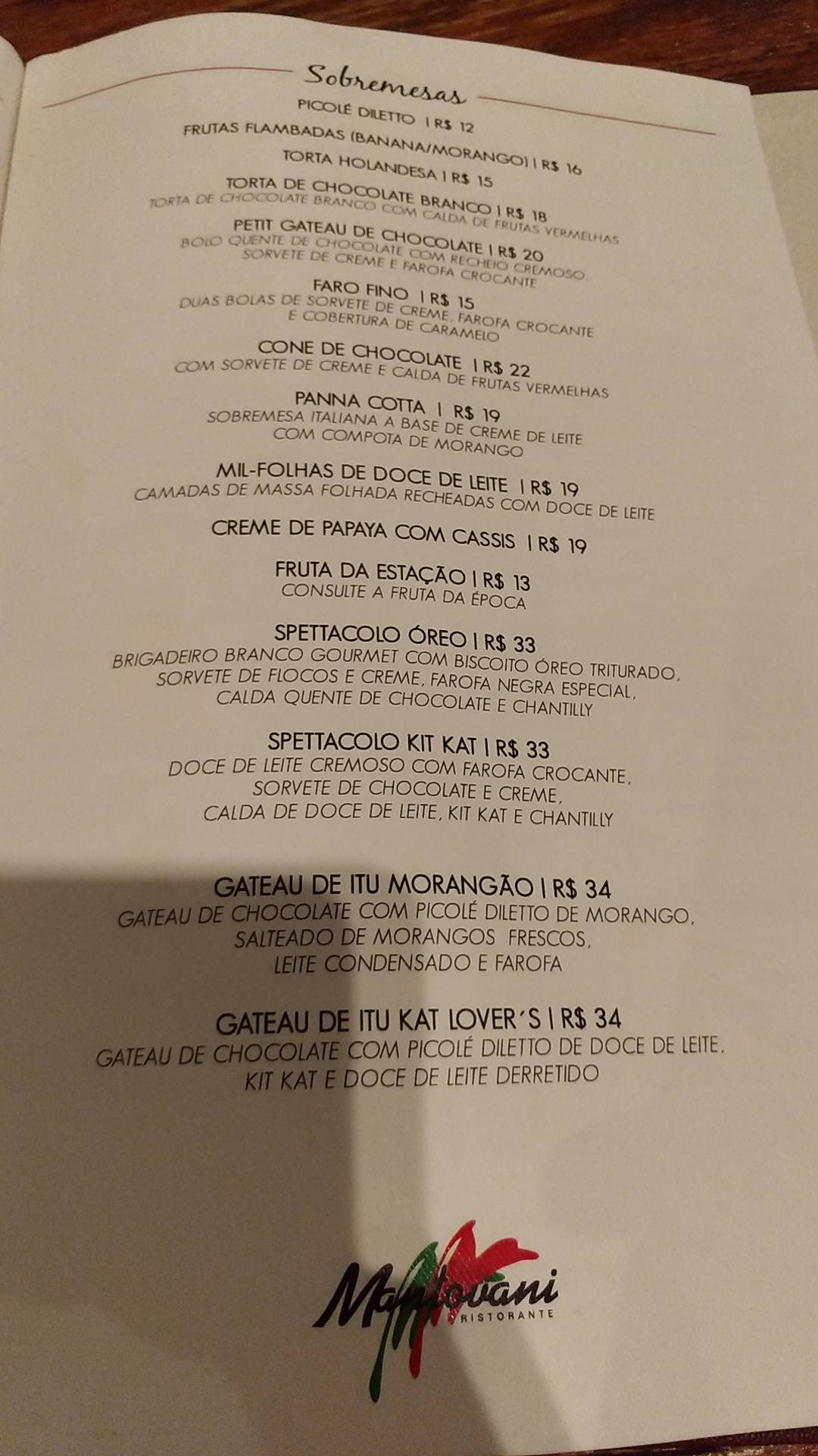 Mantovani Restaurante cardápio