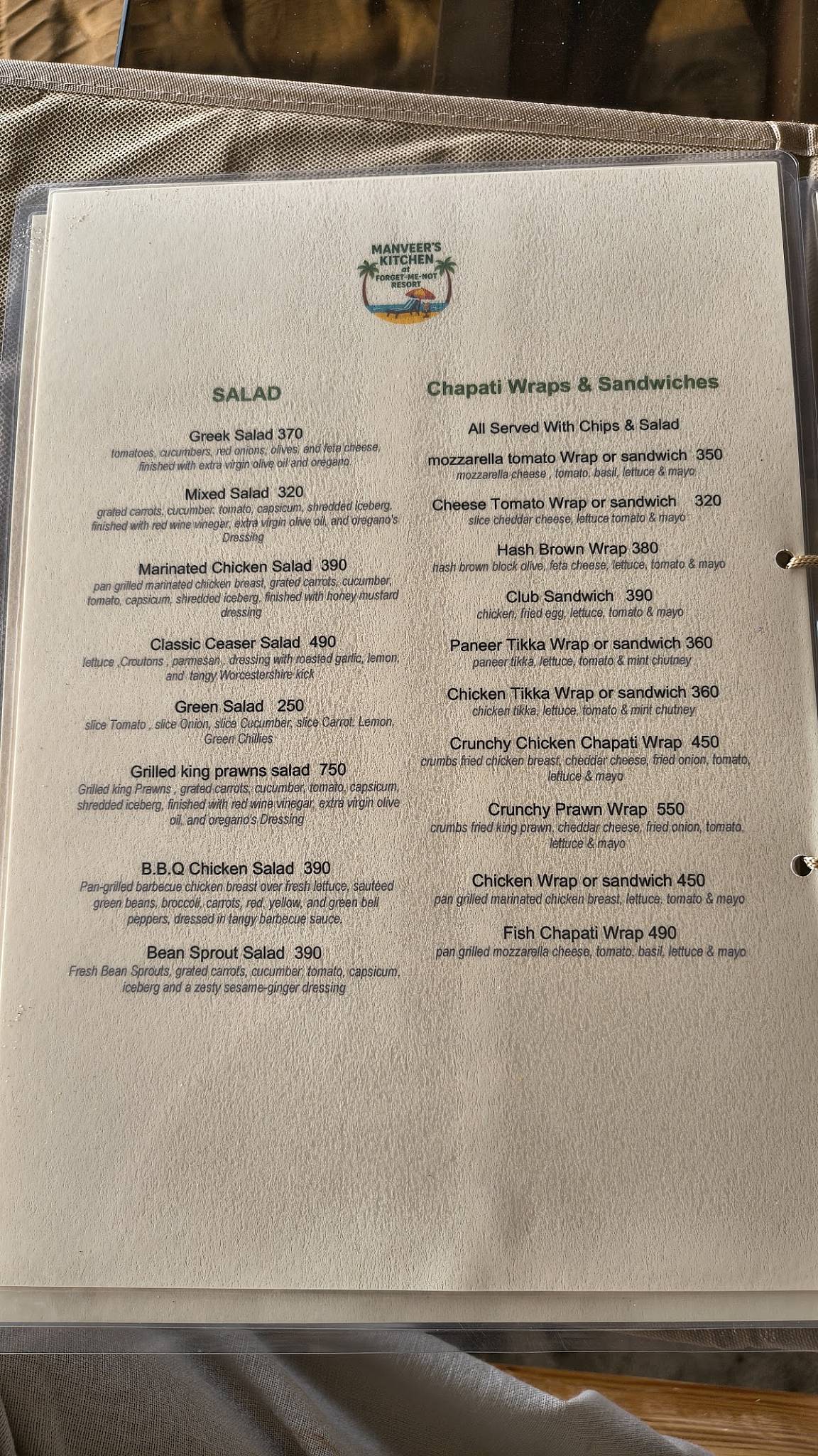 Manveer's Kitchen at Forget Me Not Beach Resort menu