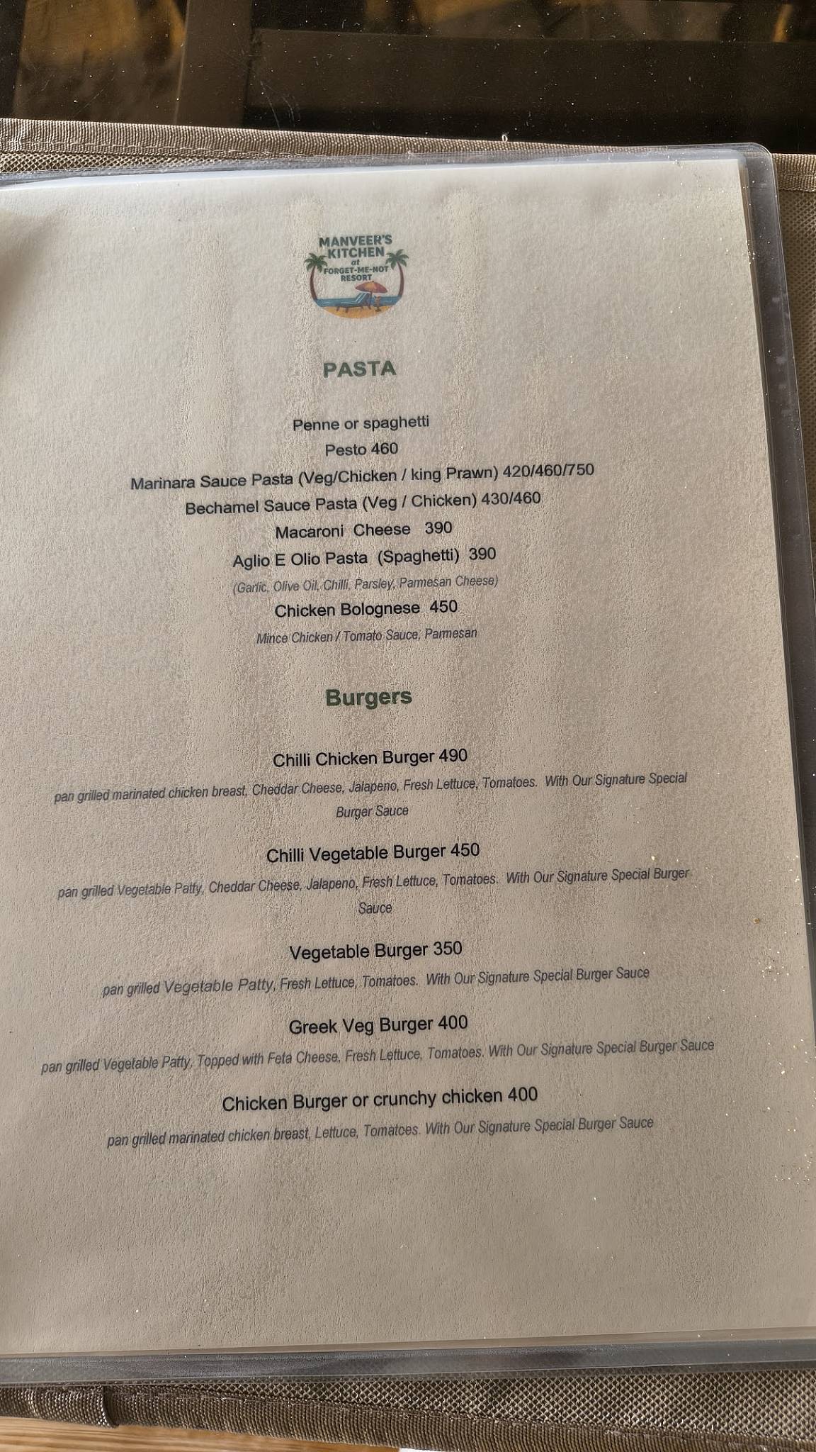 Manveer's Kitchen at Forget Me Not Beach Resort menu