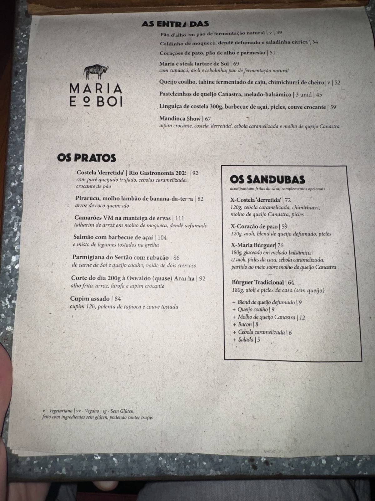 Maria e o Boi cardápio