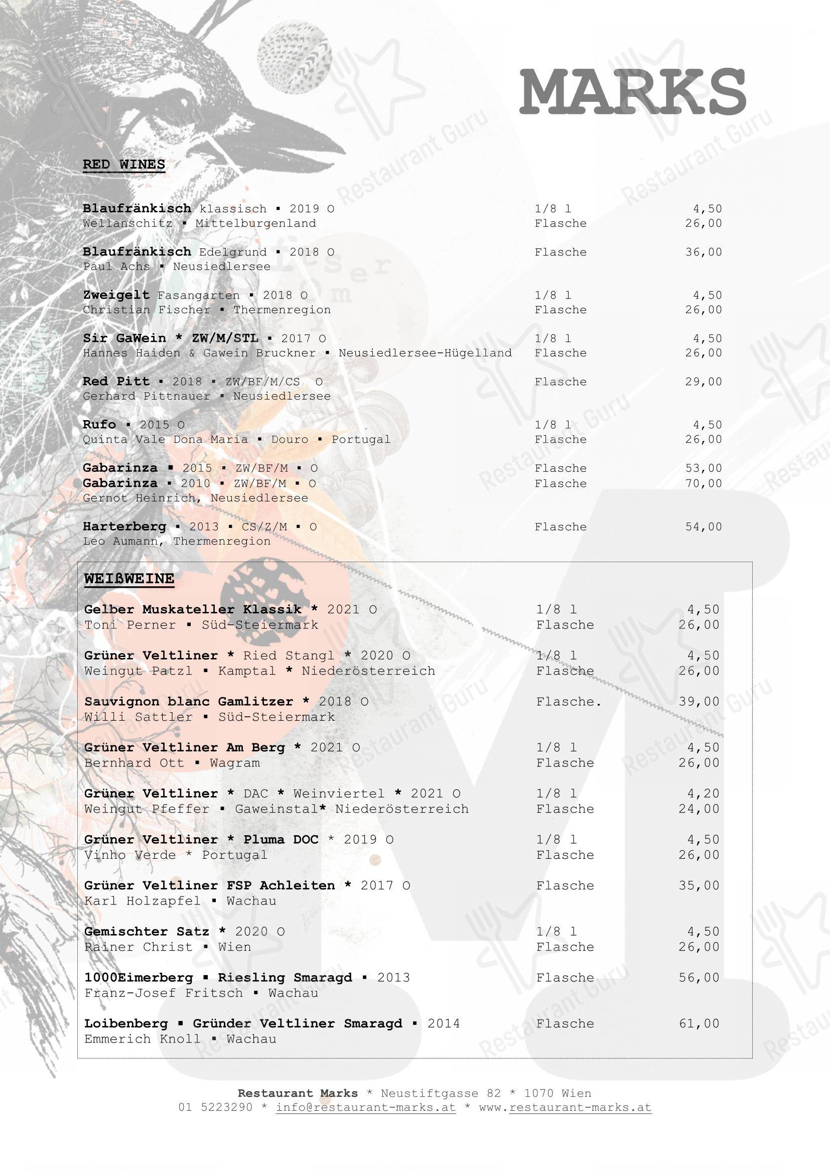 Menu pour Marks - Menu