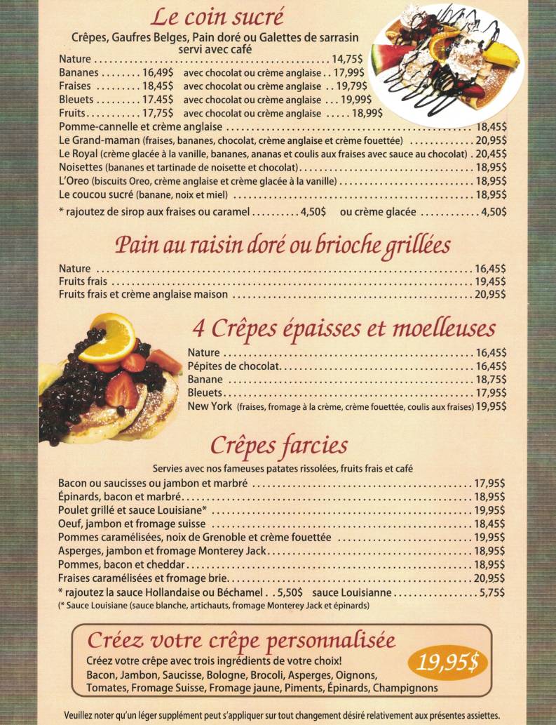Menu de Matinée Déjeuner Dîner