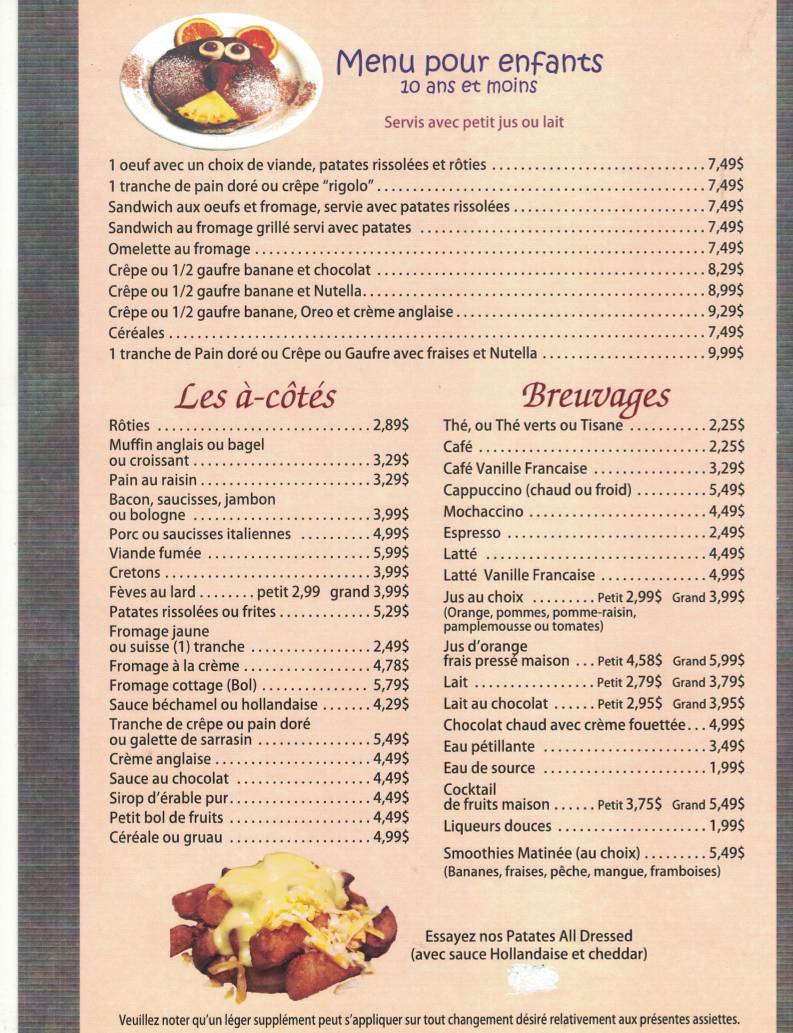 Menu de Matinée Déjeuner Dîner