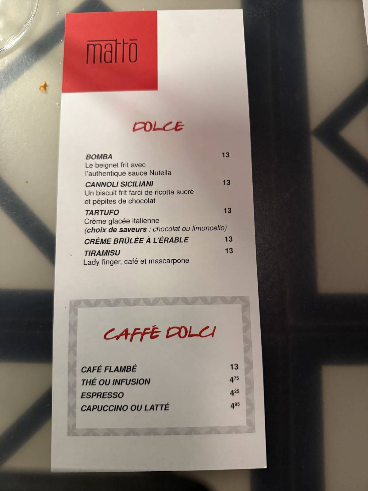 Menu de Matto - Lévis