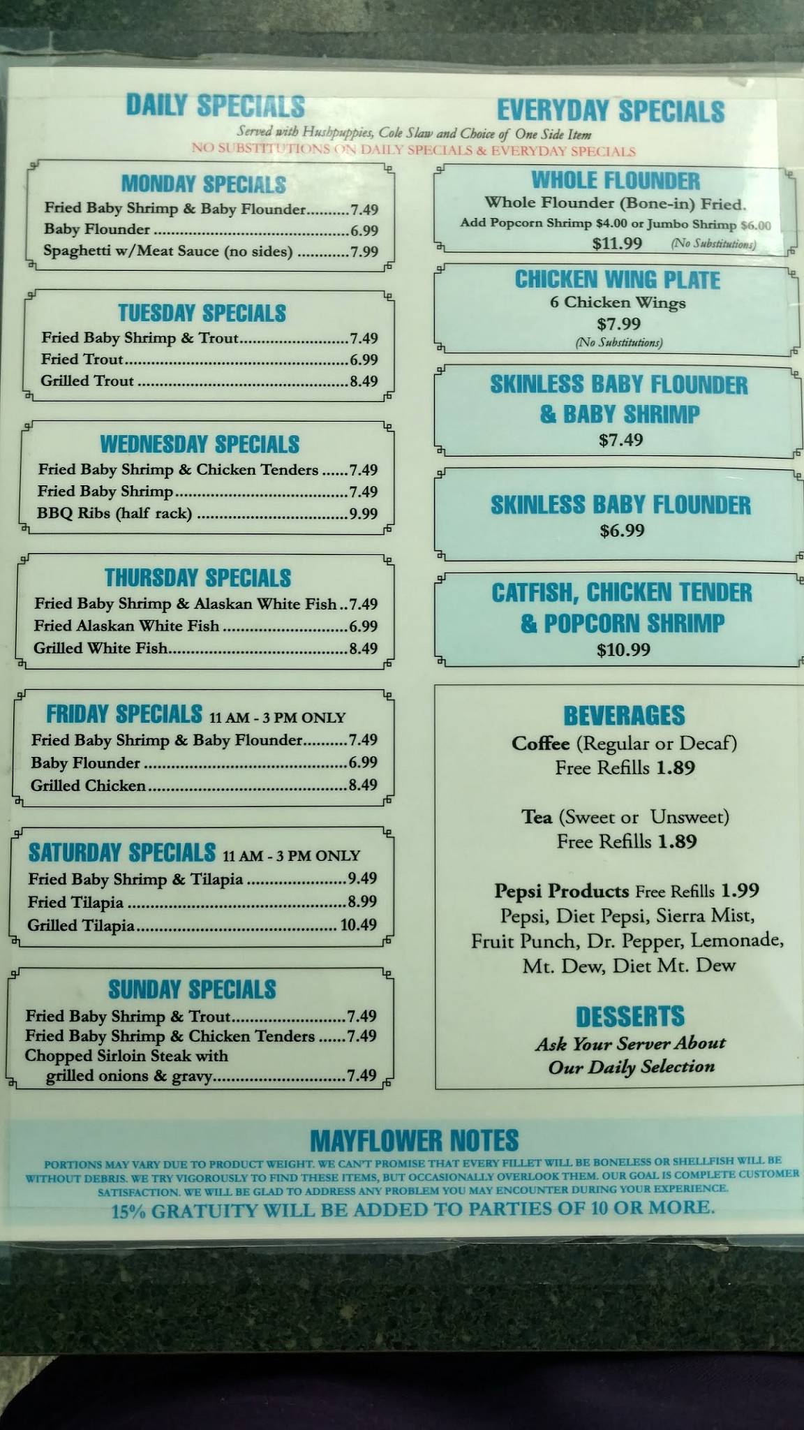 Menu at Mayflower Seafood Restaurant Greenville, Winterville
