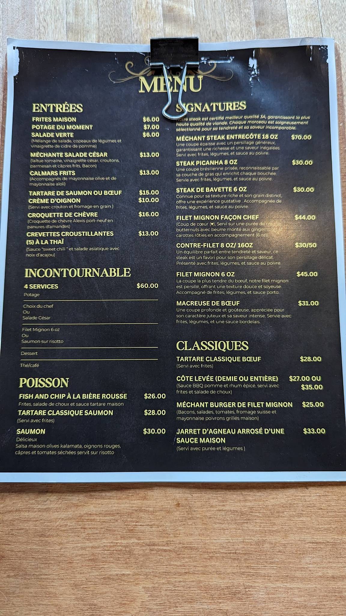 Menu de Méchant Steak