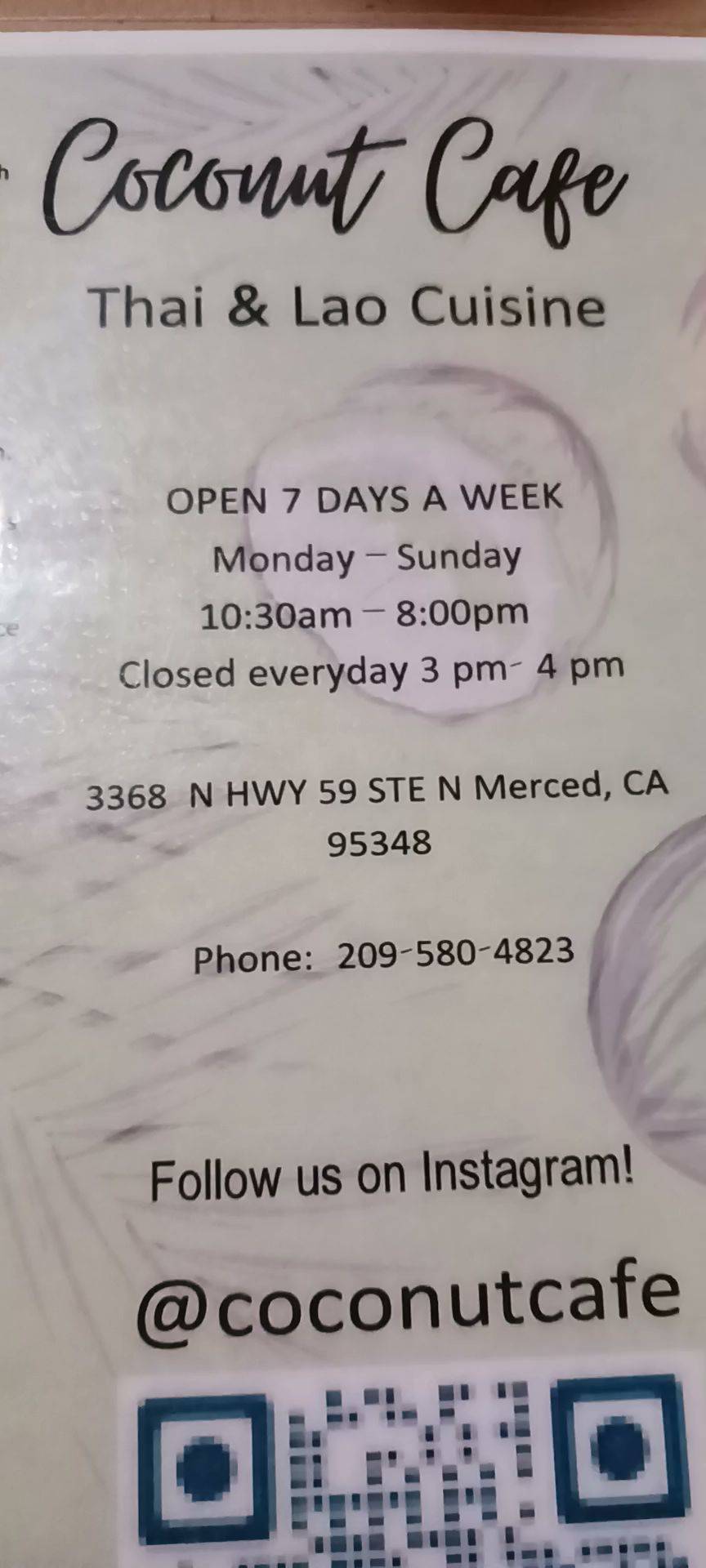 Menu at Coconut Cafe, Merced