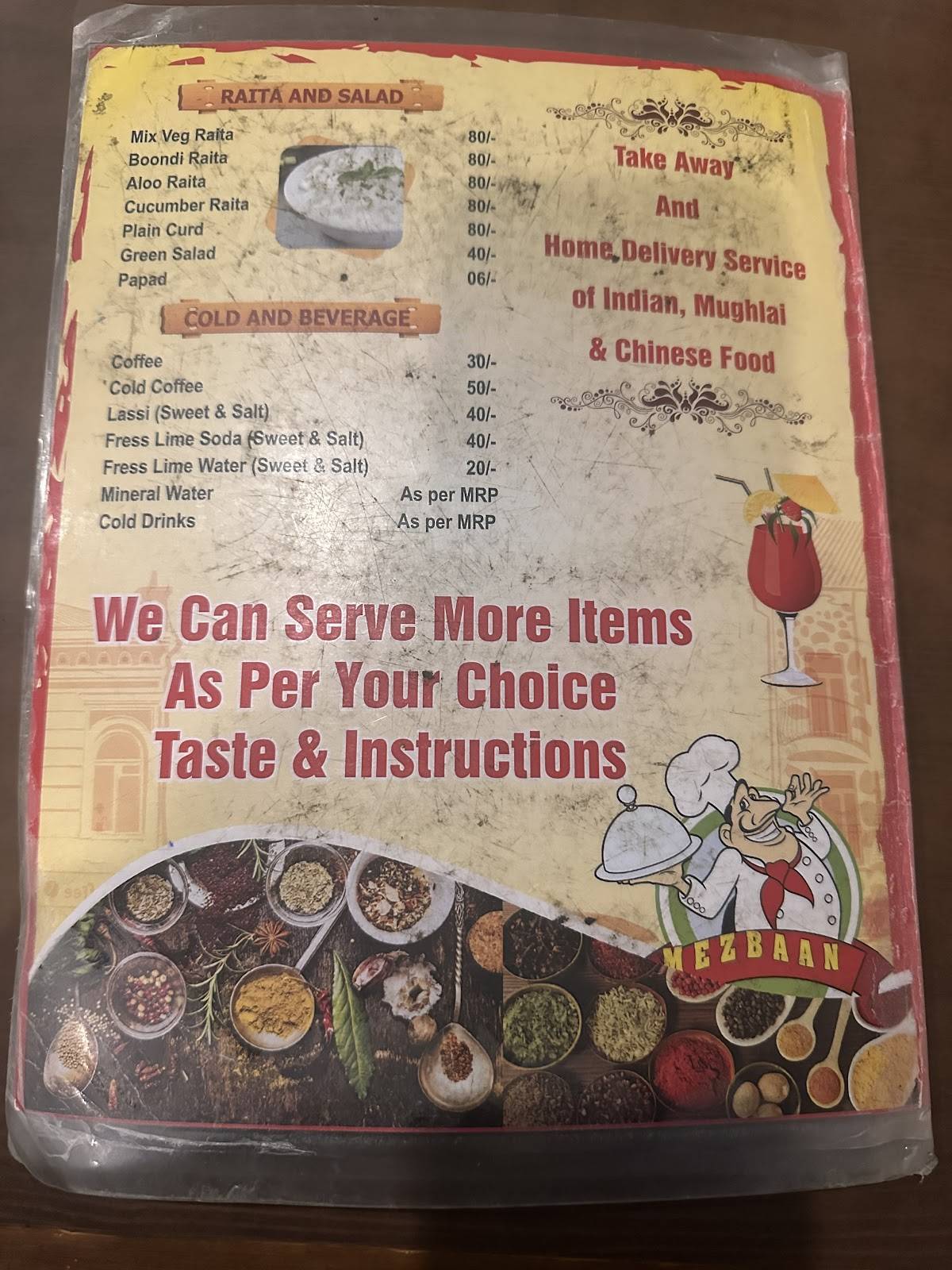Mezbaan Family Restaurant menu