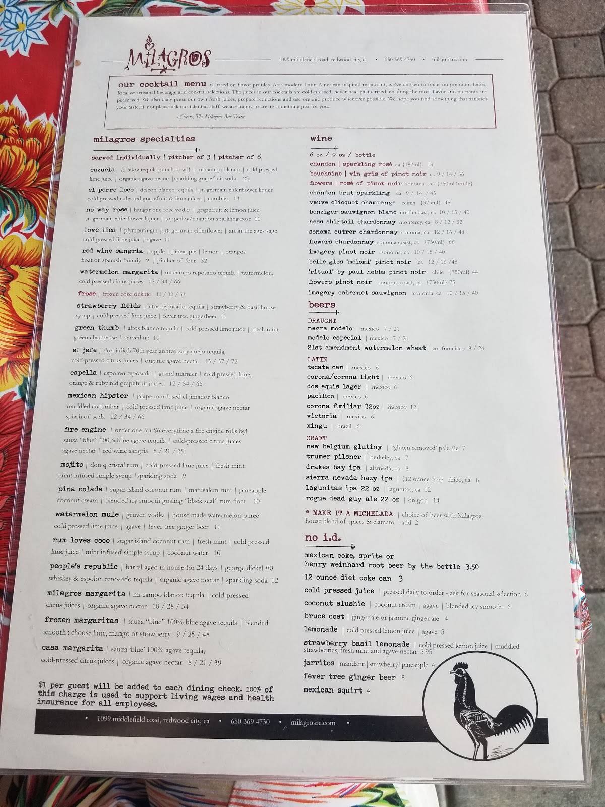 Menu at Milagros Latin Kitchen pub & bar, Redwood City