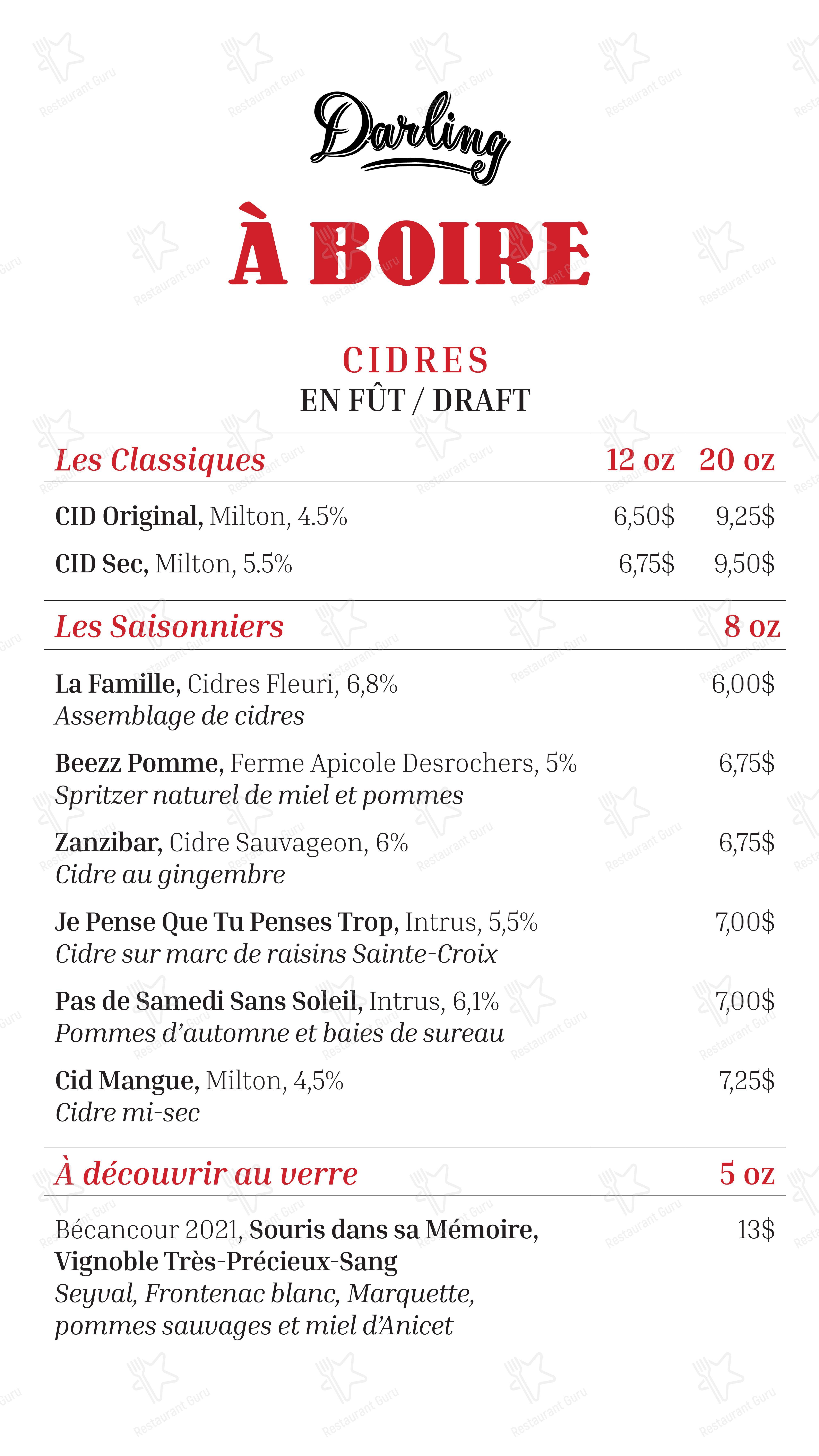 Le Bar Darling dans Montréal - Menu