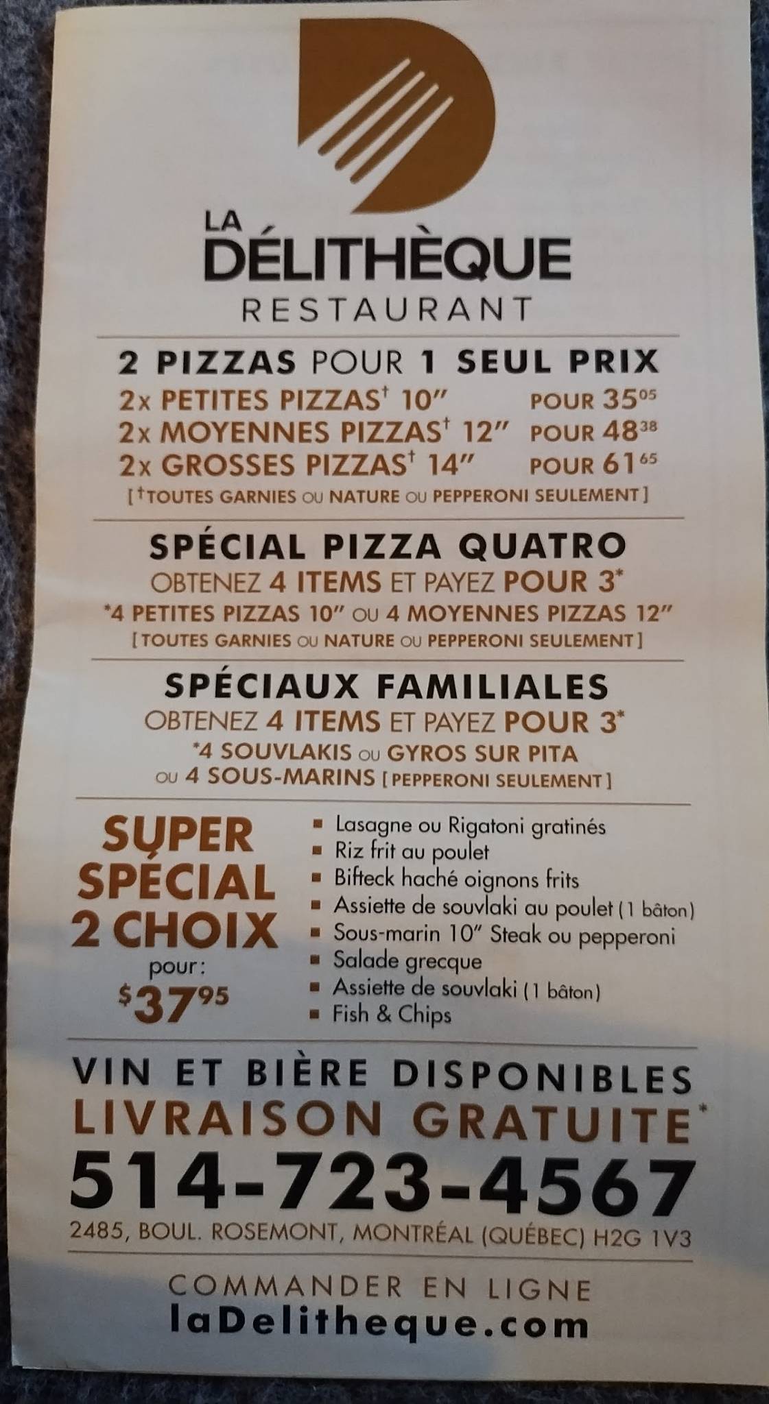 Menu de Restaurant Delitheque