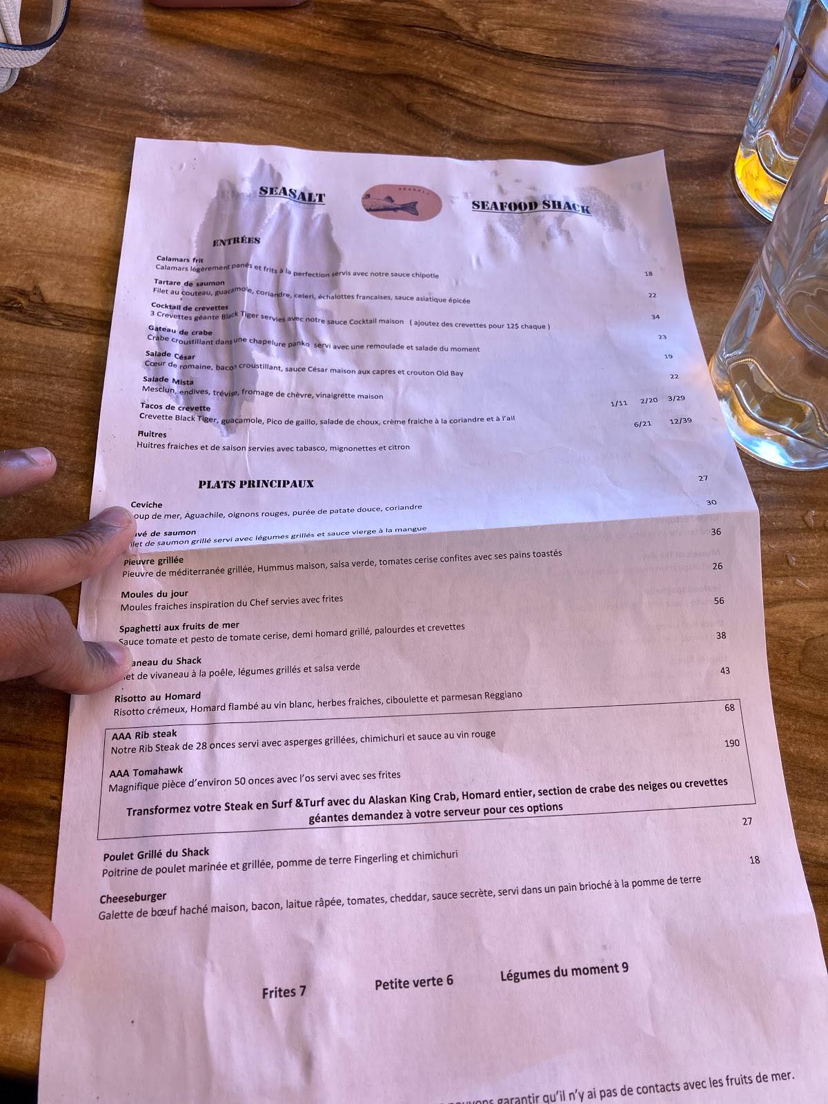 Menu at Seasalt restaurant, Montréal