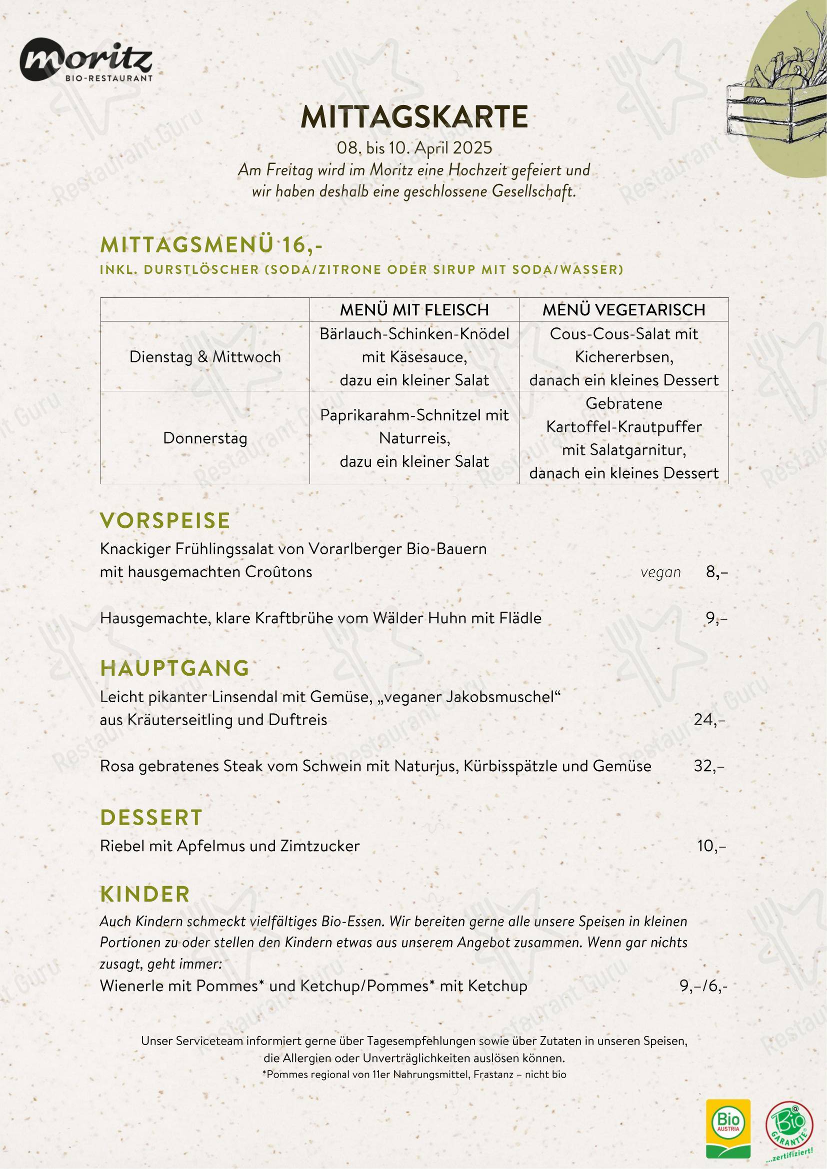 Moritz Bio-Restaurant dans Hohenems - Ночное меню
