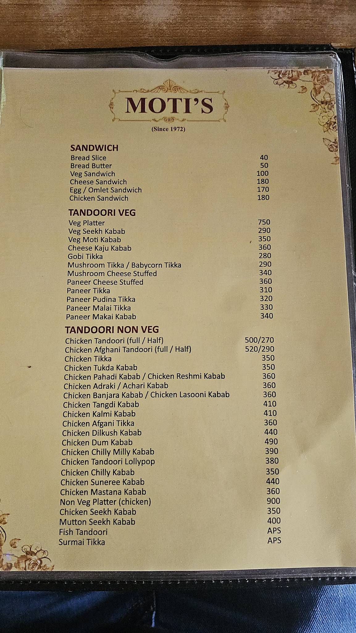 Moti's menu