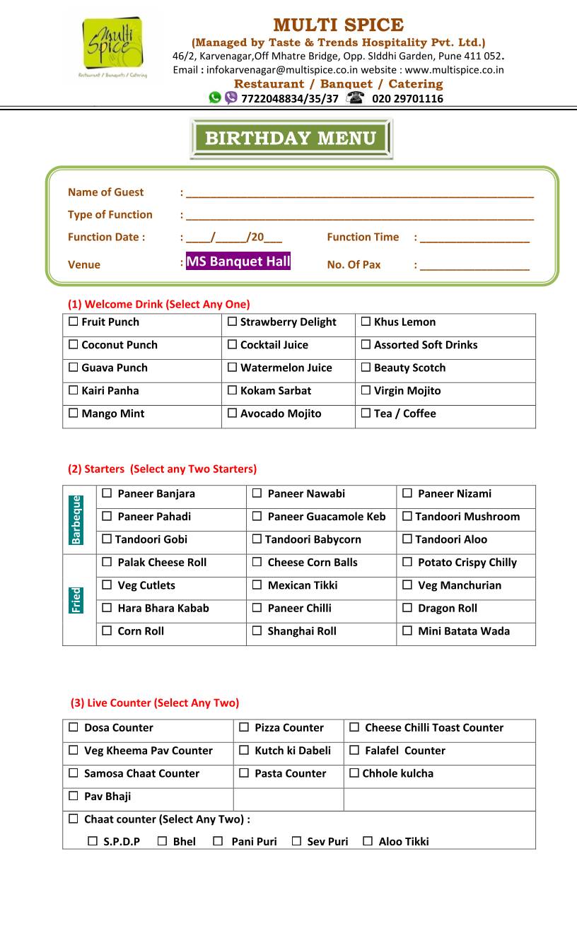 Multi Spice menu