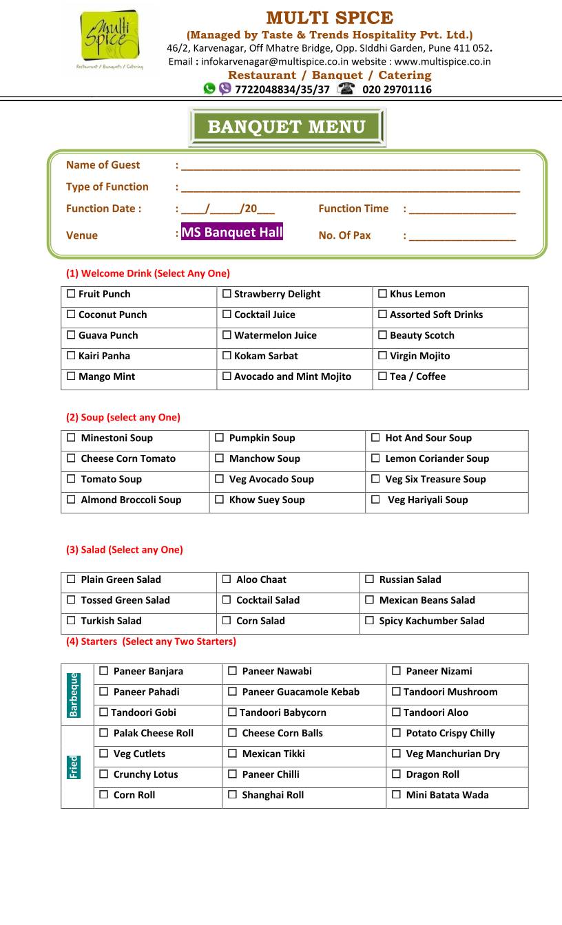 Multi Spice menu