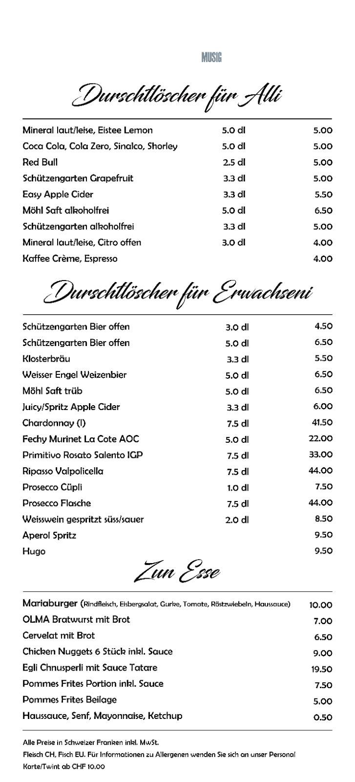 Menu di Musigbar Mariaberg 