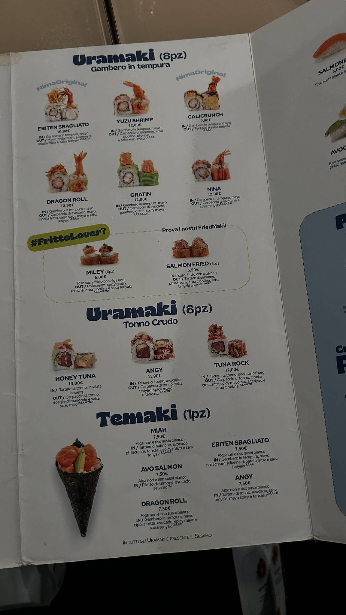 Menu di NIMA Sushi (Milano - Corso Sempione) 