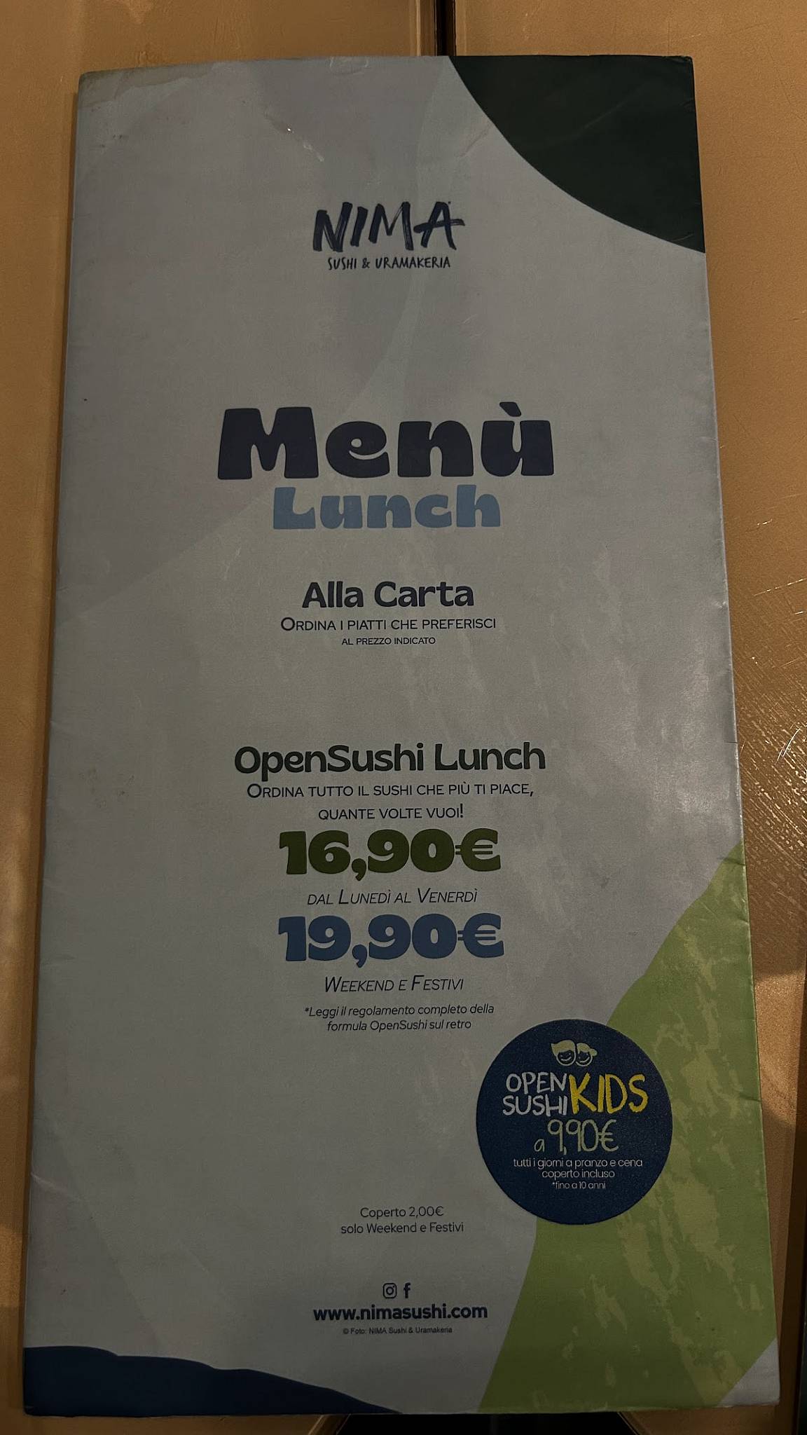Menu di NIMA Sushi (Milano - Corso Sempione) 