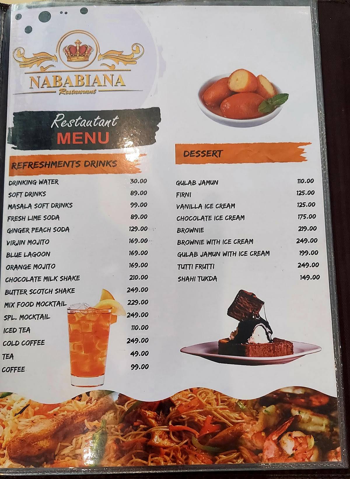 Nababiana Restaurant menu