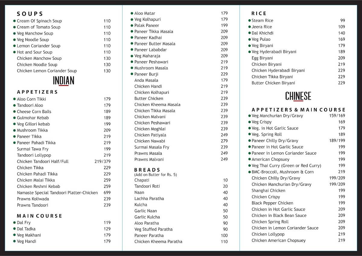 Namaste menu