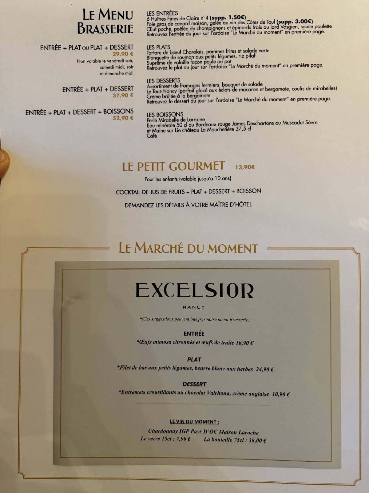 Menu de Brasserie L'Excelsior