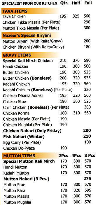 Nazeers Delicacies menu