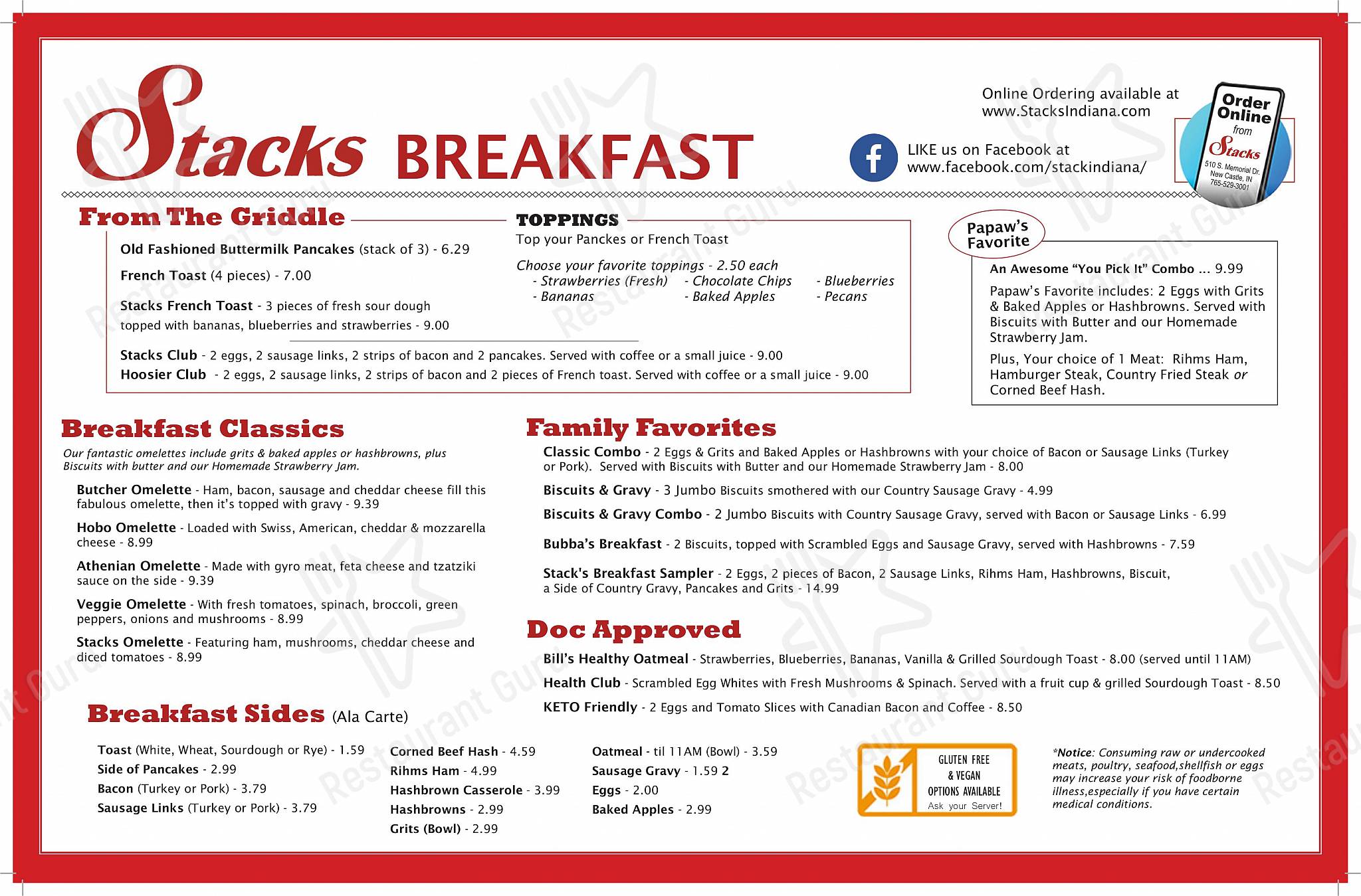 Menu at Stacks Pancake House Restaurant, New Castle