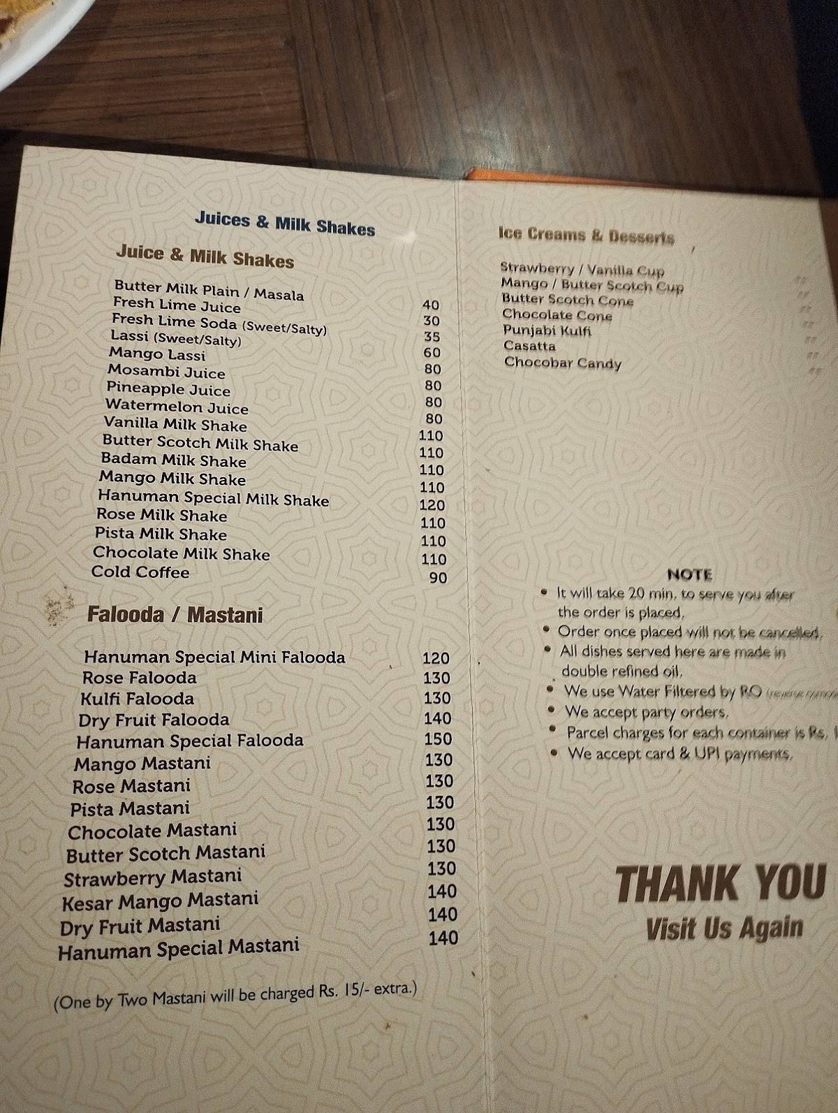 New Hanuman Executive menu