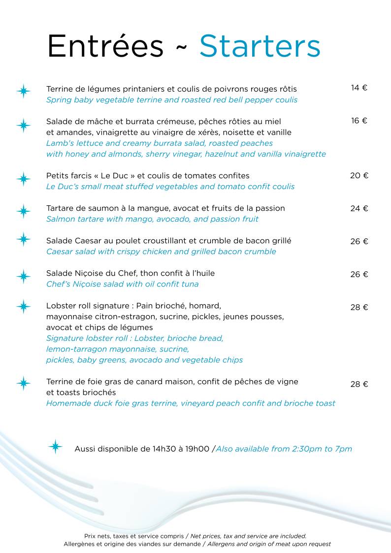 Menu de Restaurant Le Duc - Nice