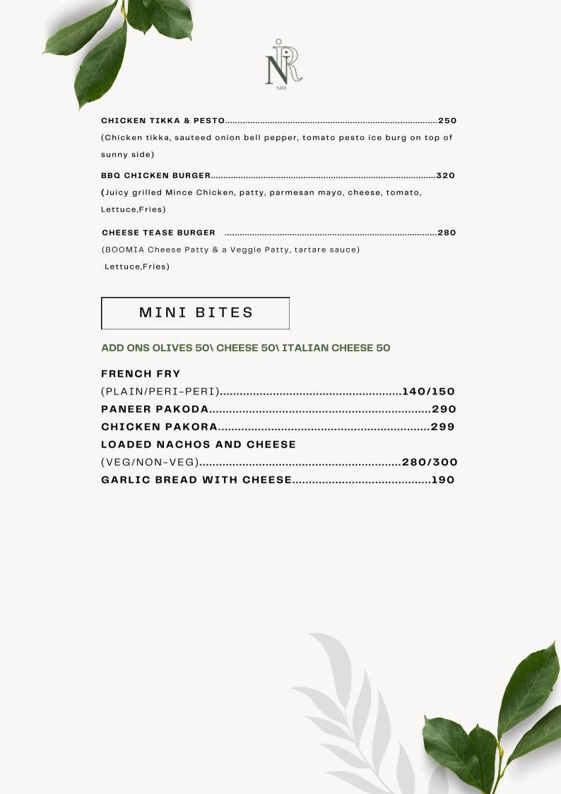Niri's Park View Restaurant menu