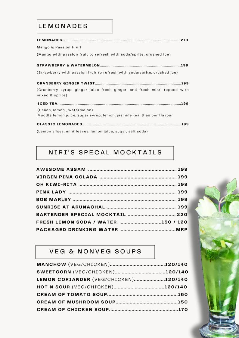 Niri's Park View Restaurant menu