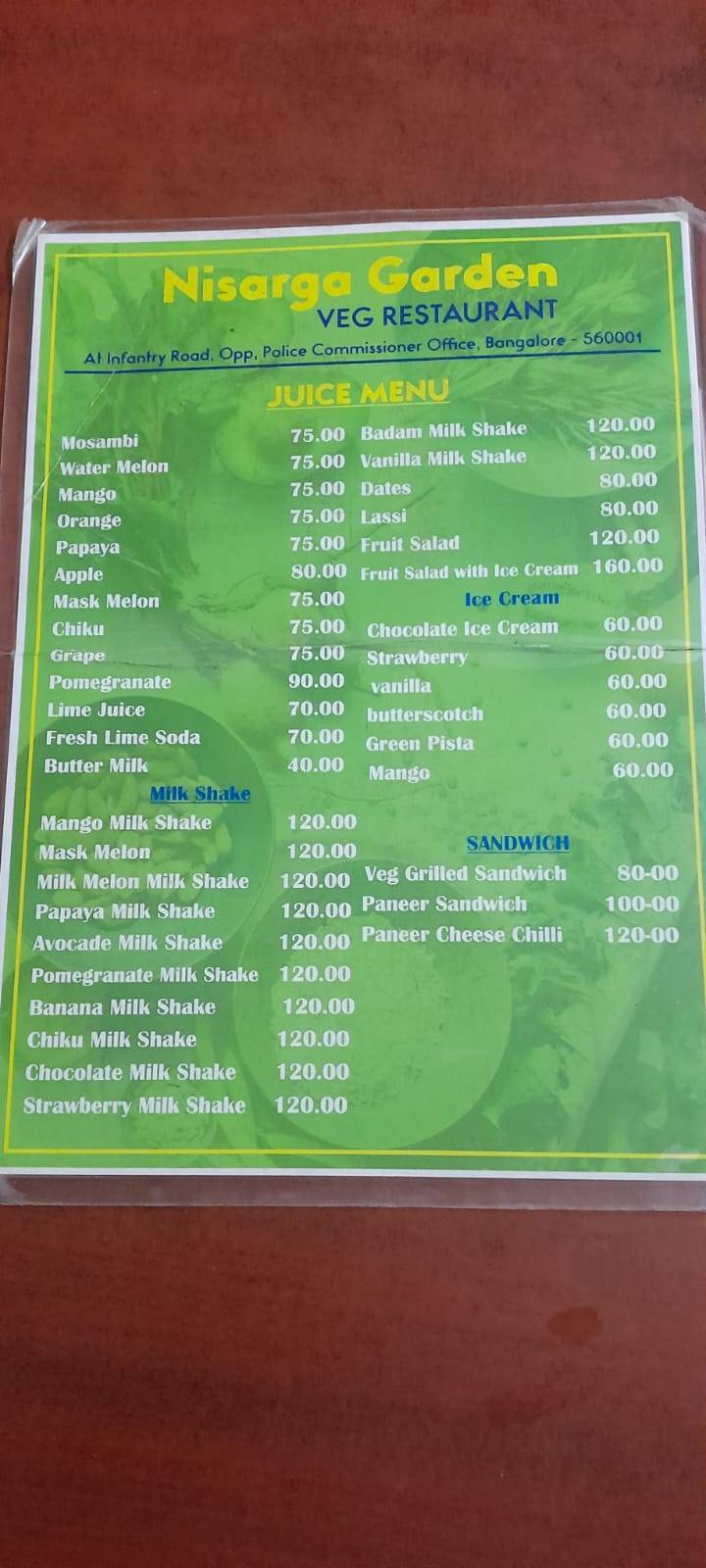 Nisarga Garden Veg Restaurant menu