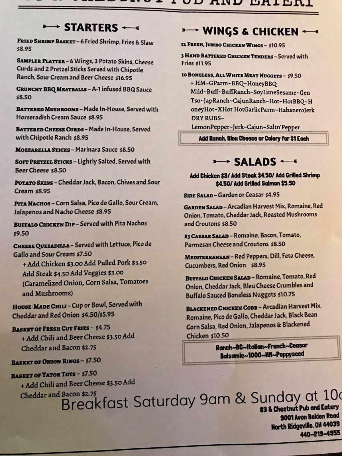 Menu at 83 & Chestnut Pub and Eatery, North Ridgeville