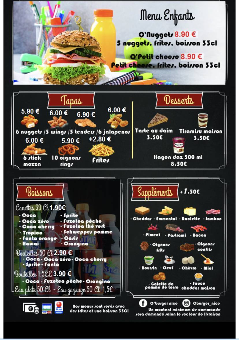 Menu de O'Burger Nice