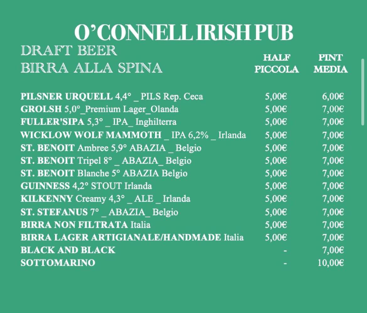 Menu di O'Connell Irish Pub Milano Brera 